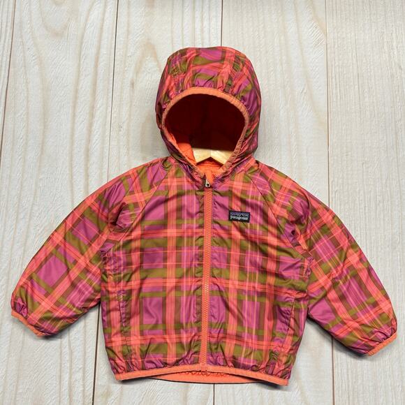 Patagonia Baby Reversible Puff-Ball Hooded Jacket Toddler 12-18M?? Orange Plaid - Picture 2 of 6